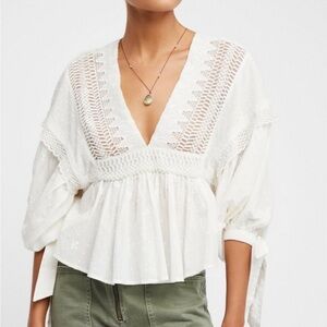 FREE PEOPLE DRIVE YOU MAD EMBROIDERY LACE CRIP TOP